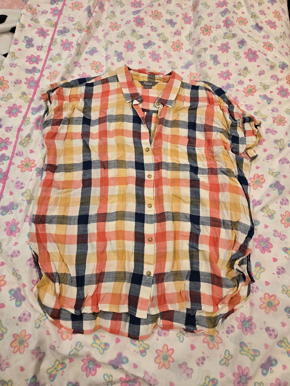 *Natural Reflections* Lightweight Plaid Button-Up Shirt in Navy, Red & Yellow